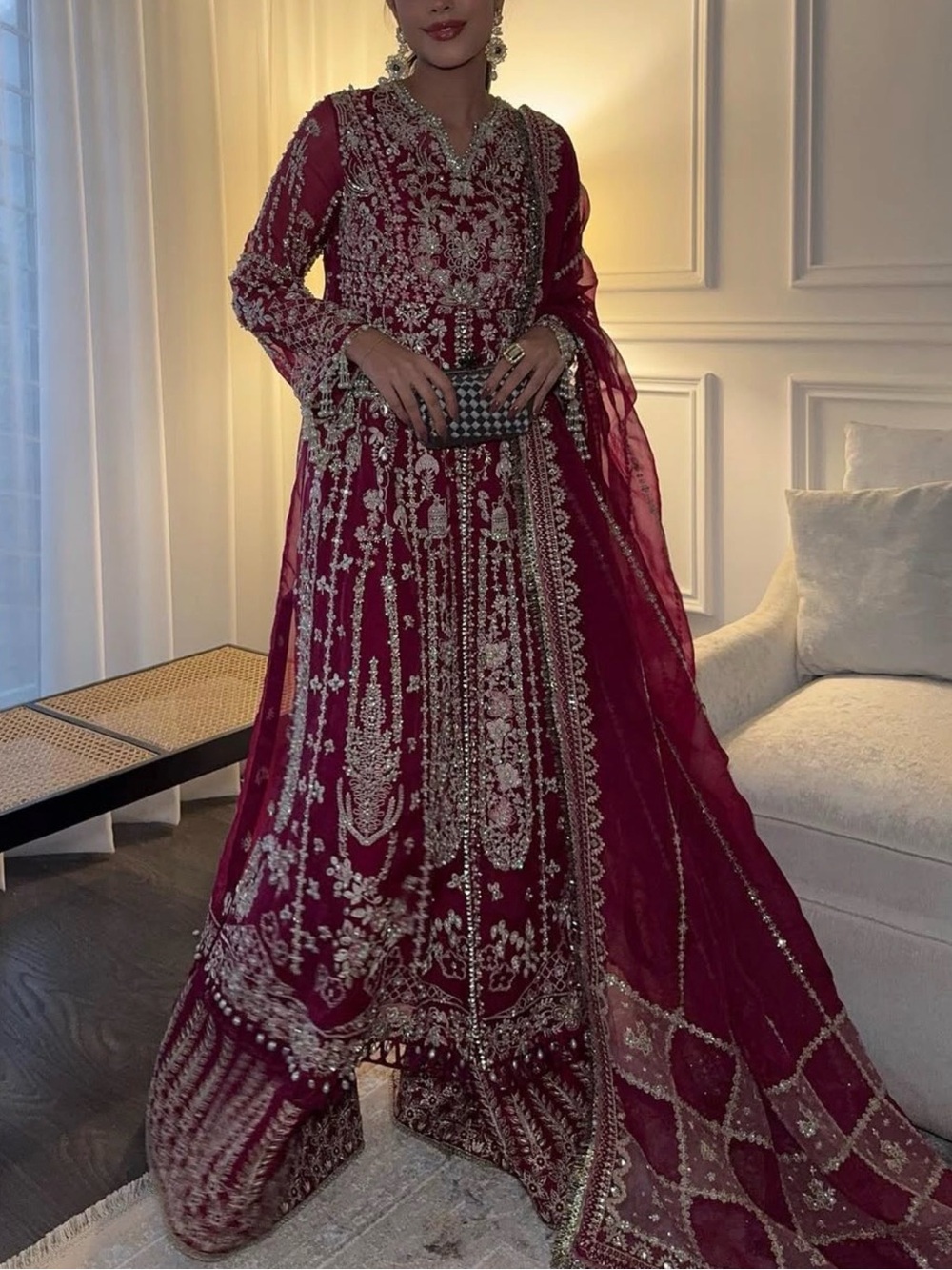 Embellished Deep Wine Formal Anarkali Dress